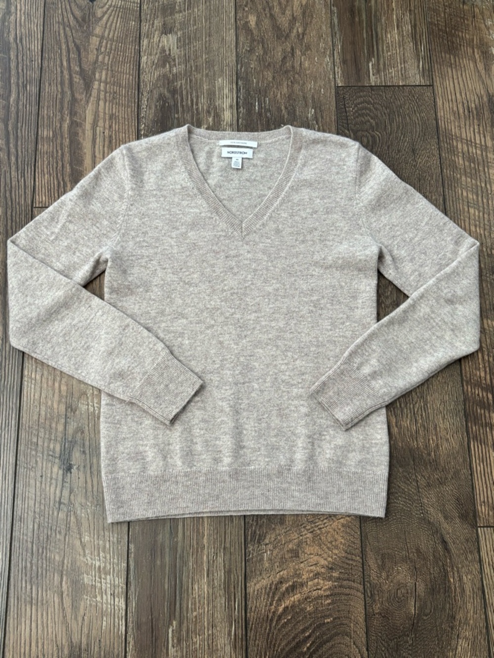 Nordstrom V-Neck 100% Cashmere Sweater Heather Oatmeal Size XS